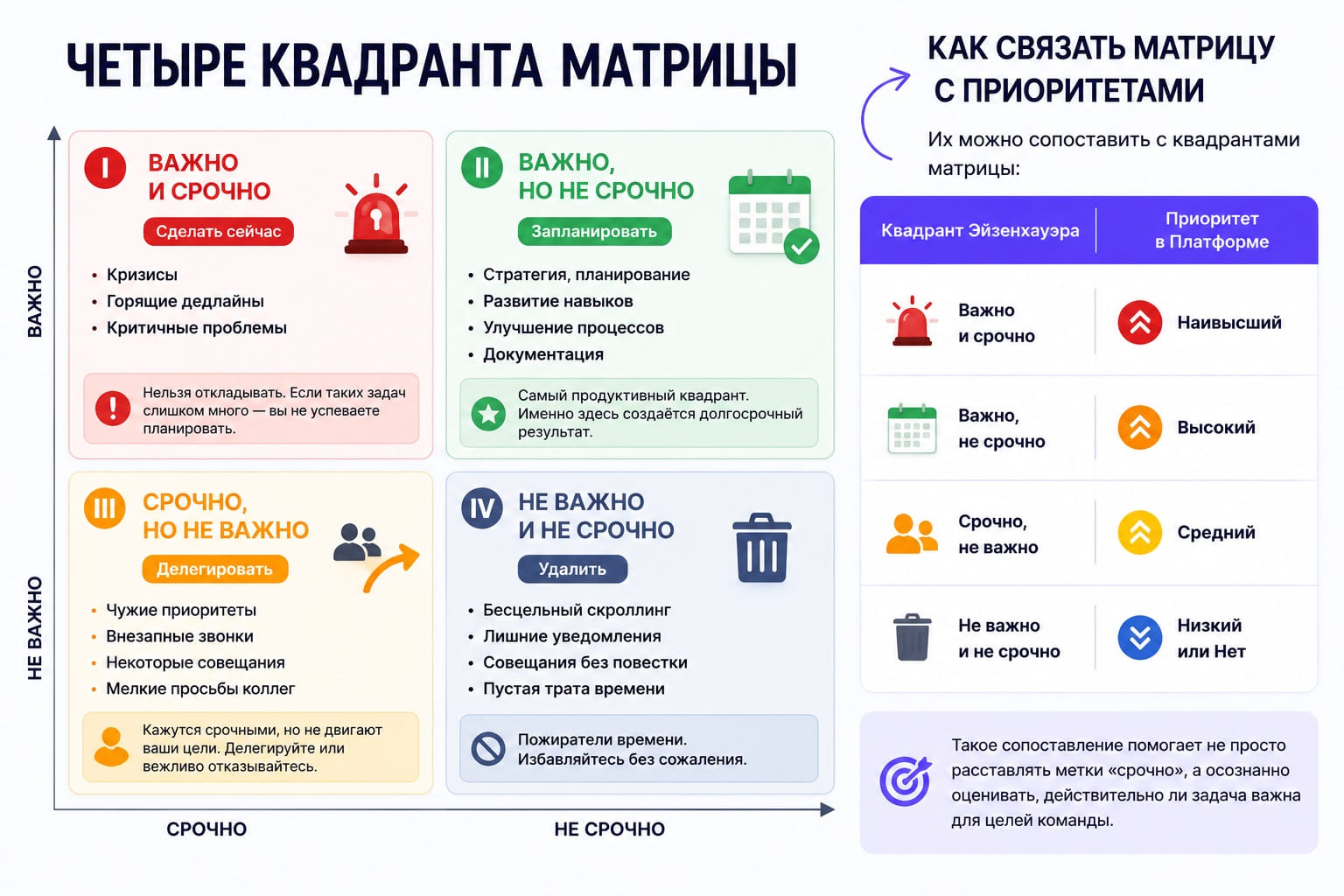 Четыре квадранта матрицы Эйзенхауэра