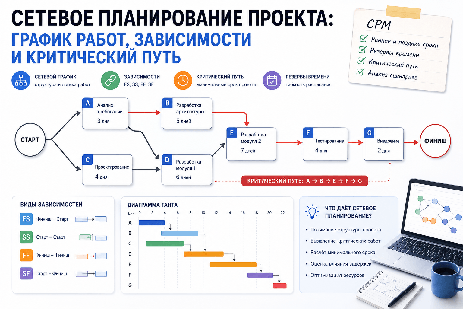 Сетевое планирование проекта: график работ, зависимости и критический путь